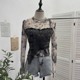 Vintage Dye Mesh Spliced Denim Shoulder Long-Sleeved T-Shirt T-Shirt T-Shirt Dress 2617 HZ1208