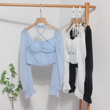 Fang Collar Leak Collar Collar Collar Short Shirt 2025 Spring Dress New Lantern Long-Sleeved Tie With Hanging Neck Shirt Women's Top 8876 HZ1208