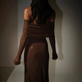 Sexy Women's New Luxury Out-Shoulder Long-Sleeved Body Drilled Noble Dress HZ1208
