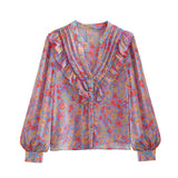 2025 Women's Long-Sleeved V-Neck Flower-Print Shirt 6349 HZ1208