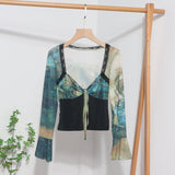 2025 Spring Dress French Court Style Lace Lace Spliced Printed Horn Long-Sleeved T-Shirt 82236 HZ1208