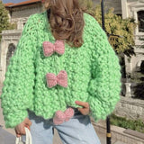 French Bow Sweater Cardigan Jacket Languid Short Heavyweight Knitted Jersey Woman HZ1208