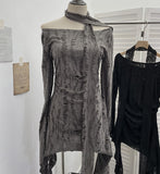 The Dark Waste Soil Wind Makes The Old Hole Hanging Shoulder Hanging With Long Sleeves Irregularly Open Fork T-Shirt Skirt 9295 HZ1208