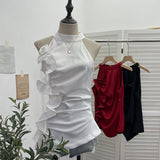 Spicy Design Sleeveless Leaves Three-Dimensional Flower Blouse Atmosphere Slimming Waist 1166 HZ1208