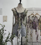 French Retro Oil Painting Wind Dyed Lotus Leaf Side Sling T-Shirts Long Sleeves Drifting Coat 2658 HZ1208