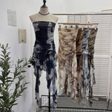 Solid Shot Tie Net Yarn Printing Irregular Ribbon Three-Dimensional Flowers Small Man With Chest Short Skirt Dress Dress 6652 HZ1208