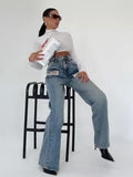 2025 New Cool Trend Splicing Jeans Women High Waist Thin Classic Design Straight Broad Legs HZ1208