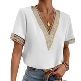 Wishebay Women's Dress V-Neck Lace Loose Top Commuter Short-Sleeved Shirt Women Splicing Design HZ1208