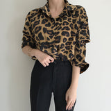 Korean Chic Autumn Vintage Leopard Print Collar Single Buckle Loose Leisure Long-Sleeved Shirt Topess HZ1208
