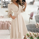 2025 Women's Fashion Print Long-Sleeved V-Neck Bag-Groomed Commuting Dress 661 HZ1208