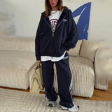 Korean Back Letter-Print Hooded Jacket Suit Women Loose Leisure Relaxation Atmosphere Sense Sports Style Two Sets HZ1208