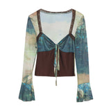 2025 Spring Dress French Court Style Lace Lace Spliced Printed Horn Long-Sleeved T-Shirt 82236 HZ1208