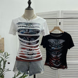 Vintage Rock Gothic 2025 Summer Dress Hole Design Feel Short-Sleeved Printed T-Shirt 26961 HZ1208