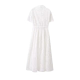 Spring New Fashion Collar Short Sleeves Pure White Embroidered Shirt Dress Women 2614271 HZ1208