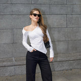 Early Autumn Irregularly Exposed Shoulder Buckle Shirt Female Pure Desire To Slim Slim Personality Design Fashion Top HZ1208