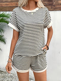 Women's 2025 Summer New Fashion Striped Short Sleeves Suit Sports Shorts Set HZ1208