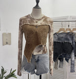 Vintage Dye Mesh Spliced Denim Shoulder Long-Sleeved T-Shirt T-Shirt T-Shirt Dress 2617 HZ1208