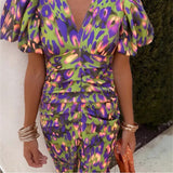 2025 New Print V-Neck Tight-Body Bag Toss-Waist Short-Sleeved Women's Dress HZ1208
