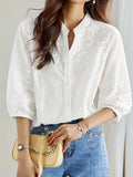 White Embroidered Shirt Women's Seven Sleeves 2025 Summer New T-Shirt Commuting Temperament Solid Color Shirt Top HZ1208