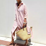 2025Wish Explosion Autumn Five-Sleeve Striped Sides On Both Sides Of The Fork Shirt Dress Woman HZ1208