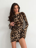 Women's Clothing 2025 Spring High-Rise Round-Neck Long-Sleeved Dress Personality Street Leopard Skirt Fashion HZ1208