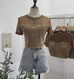 2025 Summer Denim Splicing Mesh Yarn Short-Sleeved T-Shirt Design Fake Two Hot Girl Short Top 26231 HZ1208