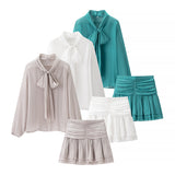 Fashion Women's Two-Piece Summer Thin Bow Tie With Long-Sleeved Cover Loose Shirt Folded Mini Dress HZ1208