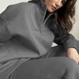 Hot Selling Solid Cotton Jacket Set Zipper Plus Velvet Loose Top Sports Pants Women HZ1208