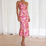 Autumn New Fashion Print Temperament Collared Shoulder Sling Sling Mid-Long Dress 661 HZ1208