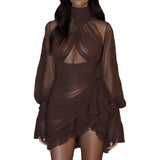 Simple And Generous Dress Women's Summer 2025 New V Tie With Long Sleeves To Close The Waist Shirt Skirt Chiffon Short Skirt HZ1208