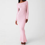 Knitted Women's Dress Sexy Hollow Bare Back Wool Dress Long Sleeve Cover Round Pink Long Dress HZ1208