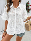 2025 Summer New Collar Hollow Embroidered Women's Short-Sleeved Shirt French Casual Personality Niche Top HZ1208