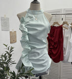 Spicy Design Sleeveless Leaves Three-Dimensional Flower Blouse Atmosphere Slimming Waist 1166 HZ1208