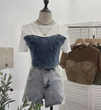 2025 Summer Denim Splicing Mesh Yarn Short-Sleeved T-Shirt Design Fake Two Hot Girl Short Top 26231 HZ1208