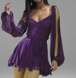 2025 Spring Women's Dress Sexy Hottie Skylit Lantern Sleeve V Collared Shoulder Dress HZ1208