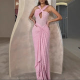 Sexy Women's New Fashion Solid Color Hanging Neck Sleeveless Glitter Dress HZ1208