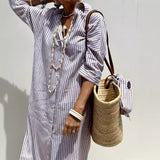 2025Wish Explosion Autumn Five-Sleeve Striped Sides On Both Sides Of The Fork Shirt Dress Woman HZ1208