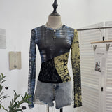 Pictsey Tat Yarn Print Bottom Blouse Spliced Lace Long-Sleeved T-Shirt 22917 HZ1208