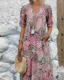 2025 Fashion New Printed Lace V-Neck Short-Sleeved Dress HZ1208