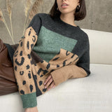 2025 Leopard-Print Spliced Sweater Female Soft Thick Sheep Velvet Long Sleeve Knitted Tops In Wind HZ1208