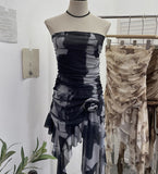 Solid Shot Tie Net Yarn Printing Irregular Ribbon Three-Dimensional Flowers Small Man With Chest Short Skirt Dress Dress 6652 HZ1208