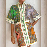 2025 New Women's Collar Single Row Buckle Long-Sleeved Temperamental Print Dress Dress Women HZ1208