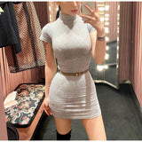 Spice Girls Black Half-High Collar Short-Sleeved Dress Female New High-Grade Thai Thin Temperament A Word-Pack Hip Skirt HZ1208