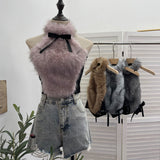 Real-Shot Bow Decorative Hair Splicing Elastic Hanging Neck Vest Outside Wearing Hairy Short Grinding Coat 2791 HZ1208