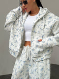 Hot Sale Of Broken Flower Hoodie Set Of Women's Short Zipper Coat Draw Rope Wide Leg Pants Fresh Print Autumn And Winter HZ1208