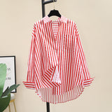 Cotton Shirt 2025 Spring And Autumn Casual Polo Collar Long Sleeve Stripe Loose Retro Stripe Commuting Top Lady HZ1208