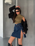 Personality Trend Hottie Retro Washing Water High Waist Side Open Zipper Denim Short Skirt A Word Half Skirt HZ1208