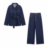 Spring And Summer New Women's Women's Belt Lap Tie Denim Coat Wide Leg Trousers HZ1208