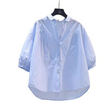 Small Fresh Art And Light Blue Cotton Shirt Women 7-Sleeve Casual Shirt 2025 Summer Temperament Top HZ1208