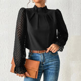 2025 Women's Autumn And Winter New Half-High Collar Spliced Wave Chiffon Long-Sleeved Top Woman HZ1208